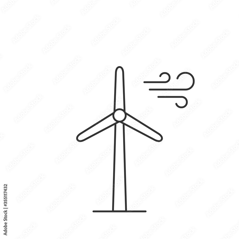 Wind turbine line icon. Renewable, sustainable, eco friendly energy source. Windmill alternative electric energy. Wind power of nature. Black outline on white background. Vector illustration, clip art Wind turbine line icon. Renewable, sustainable, eco friendly energy source. Windmill alternative electric energy. Wind power of nature. Black outline on white background. Vector illustration, clip art
