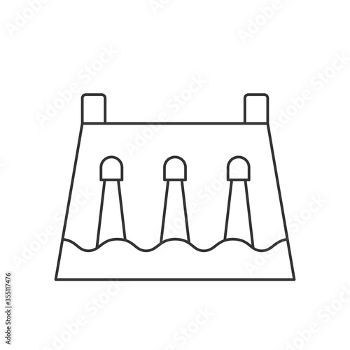 Hydro power plant thin line icon. Hydroelectric power station symbol. Renewable energy source. Water flowing over industrial dam. Black outline on white background. Vector illustration, flat, clip art