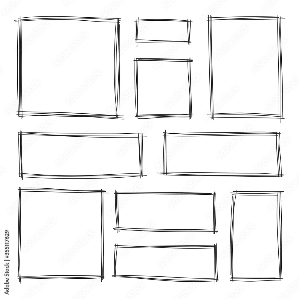 Hand drawn squares, blank drawing frames isolated on white background. Black lines. Rectangular and square shapes. Vector illustration. Hand drawn squares, blank drawing frames isolated on white background. Black lines. Rectangular and square shapes. Vector illustration.