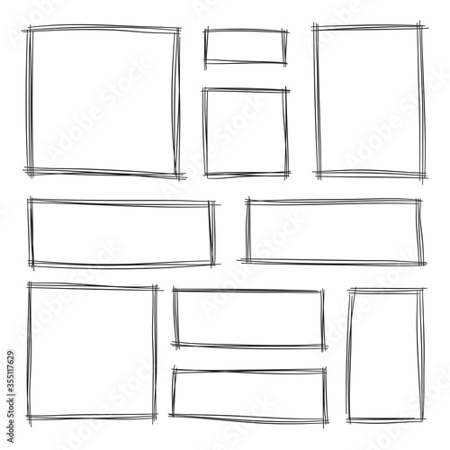 Hand drawn squares, blank drawing frames isolated on white background. Black lines. Rectangular and square shapes. Vector illustration.