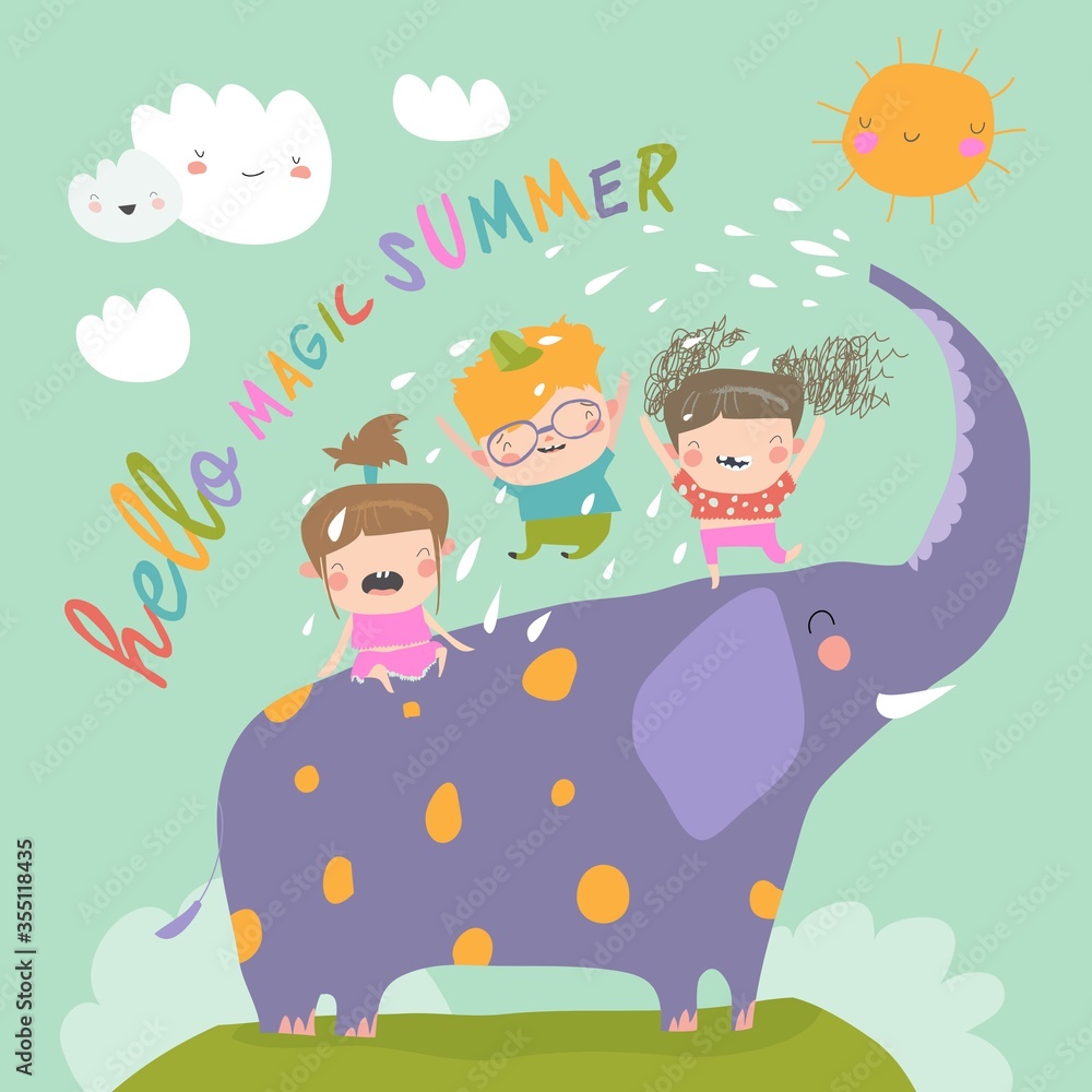Naklejka premium Happy kids with big elephant meet summer