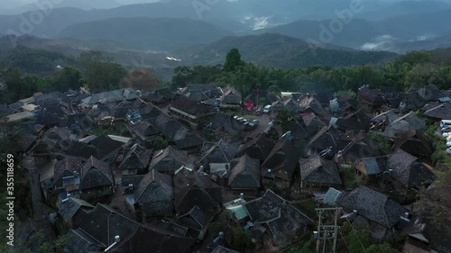 Aerial view of the remote Wengji Dai village in Lancang, Yunnan - China photo
