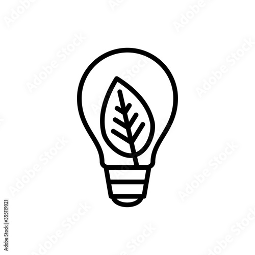 Símbolo de energía eléctrica natural. Icono plano lineal bombilla con hoja de planta en color negro
