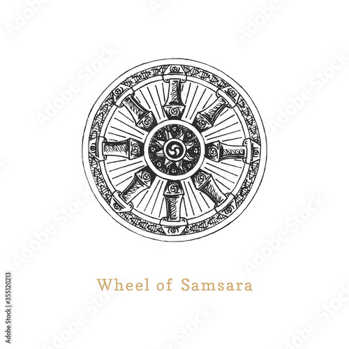Samsara, Wheel of Life, vector illustration in engraving style. Vintage pastiche of esoteric and occult sign.