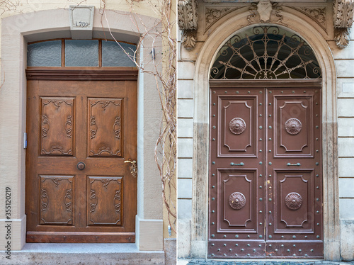 two wooden doors with beautiful decorative wooden trim in the historical part of various European cities