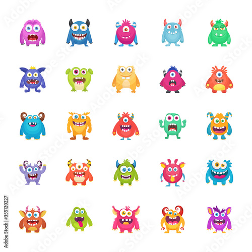 Funny Monsters Flat Vector Icons Set