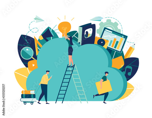 Vector flat illustration, cloud storage, data processing, message sending, illustration for web design marketing and printed materials.