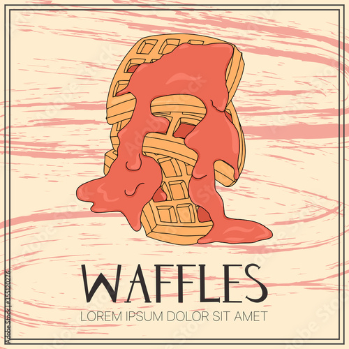 Sweet waffles with red syrup vector cartoon card template with hand drawn lettering.