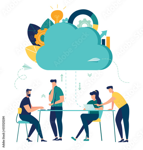 Vector flat illustration, cloud storage, tracking downloads to the cloud, data transfer folders with documents, data storage,brainstorming, teamwork