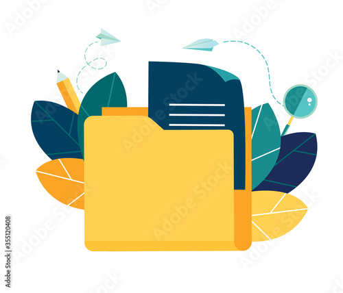 Vector flat illustration, cloud storage, data processing, message sending, illustration for web design marketing and printed materials.yellow document storage folder