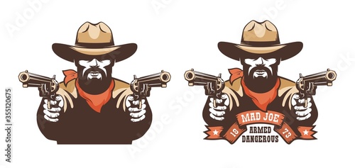 Bearded cowboy western gunfighter with guns. Wild west gunslinger - retro emblem. Vector illustration.