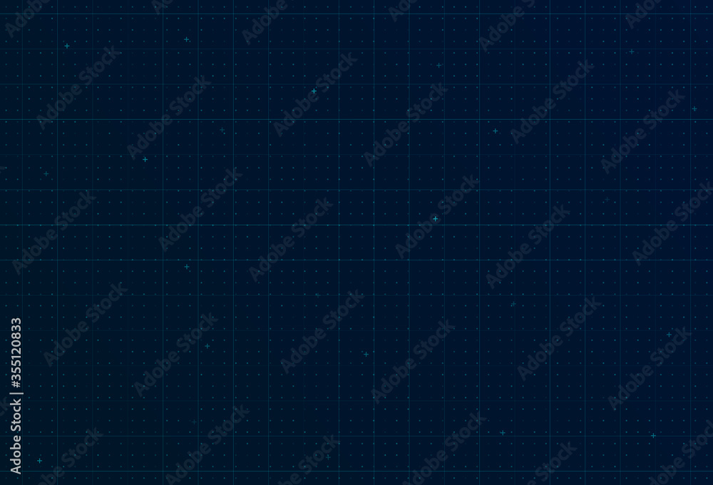Futuristic hi-tech background with grid, dots and crosses. Design for science theme, artifical intelligence, neural network and hi-tech. Vector