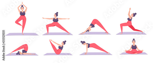 Woman practicing yoga. Yoga workout poses. Girl exercising, meditating, doing fitness. Female yoga illustration isolated on white.