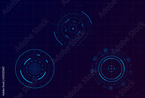 Set of HUD circle infographic elements. Sci-fi round head-up display for futuristic user interface HUD, UI, GUI. Tech and science theme. Editable stroke. Good for animation. Vector
