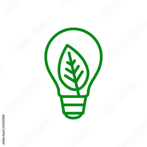 Símbolo de energía eléctrica natural. Icono plano lineal bombilla con hoja de planta en color verde