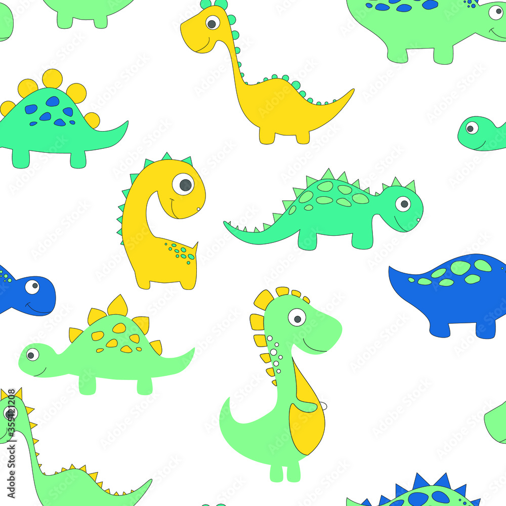 Obraz premium Childish dinosaur seamless pattern for fashion clothes, fabric, t shirts. hand drawn vector