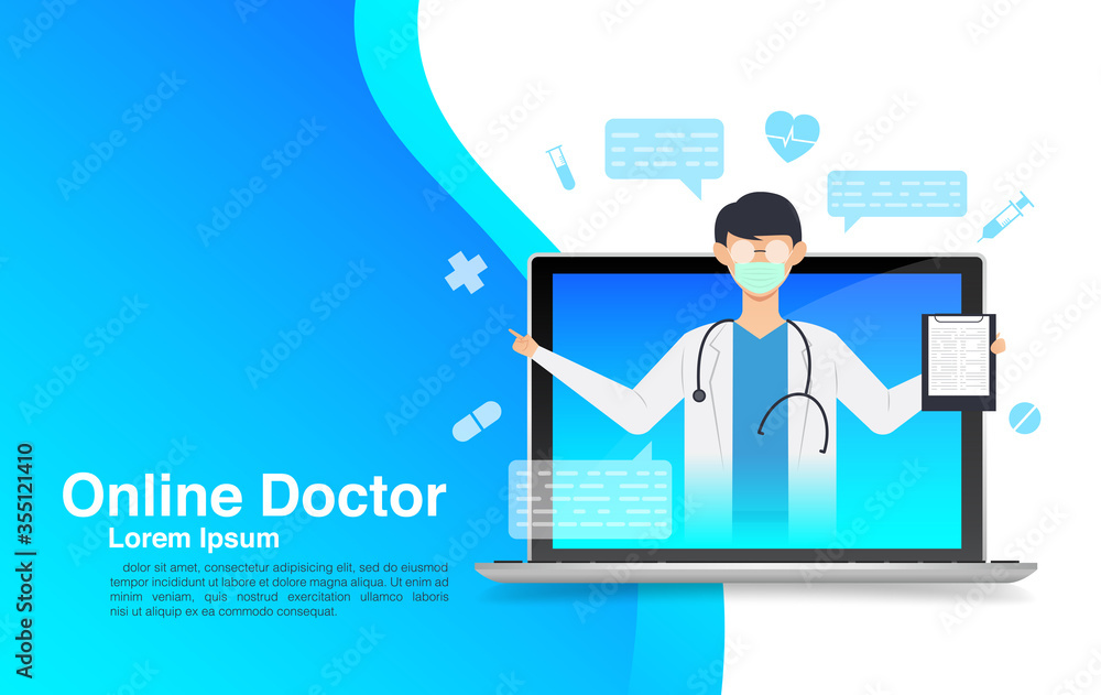 Online medical advise or consultation service, Video call to the doctor through the application on the laptop, Online medicine concept, Vector EPS 10 Online medical advise or consultation service, Video call to the doctor through the application on the laptop, Online medicine concept, Vector EPS 10