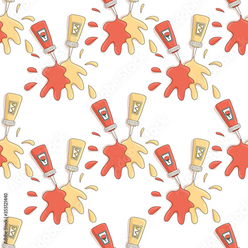 Ketchup and mustard seamless pattern on white background. Tasty sauces vector cartoon backdrop.