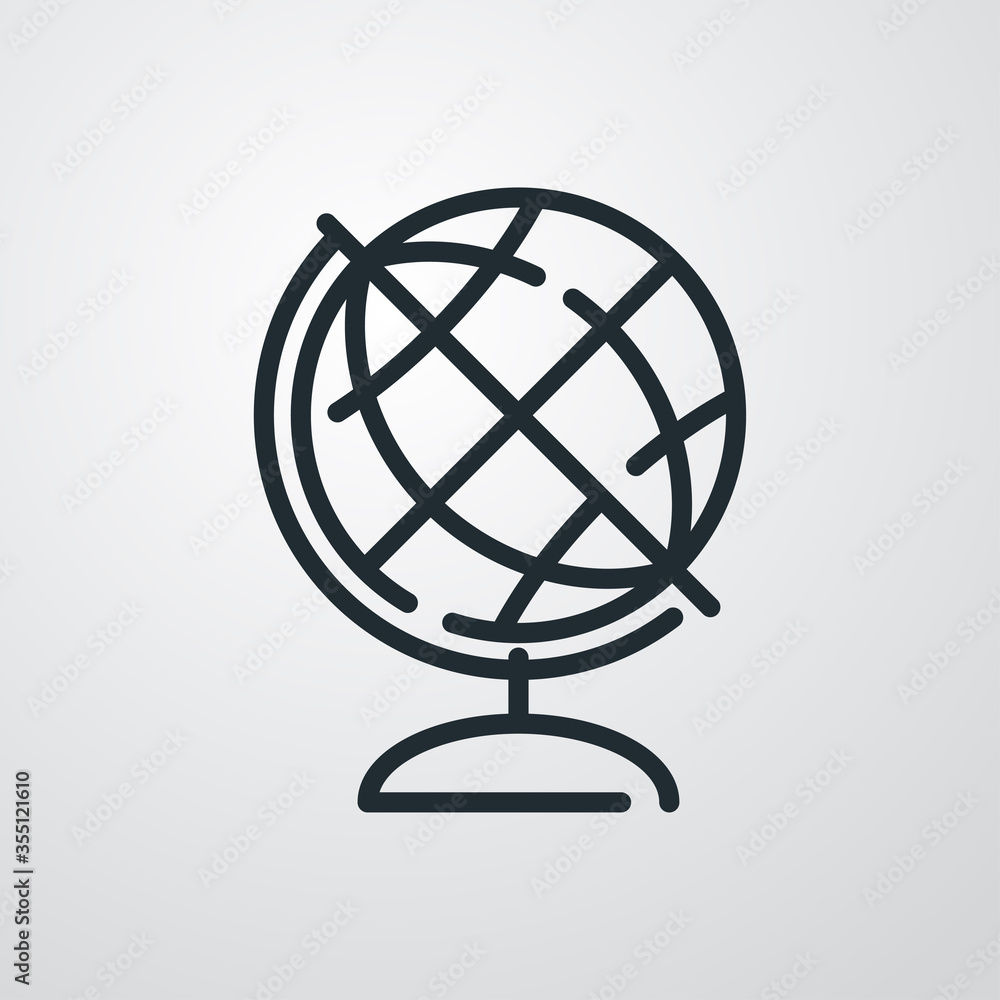 Obraz premium Símbolo geografía. Icono plano lineal globo terráqueo con base para escuela en fondo gris