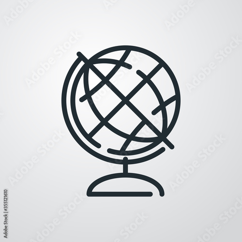 Símbolo geografía. Icono plano lineal globo terráqueo con base para escuela en fondo gris