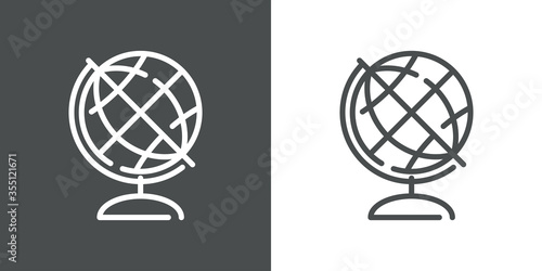 Símbolo geografía. Icono plano lineal globo terráqueo con base para escuela en fondo gris y fondo blanco