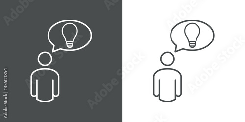Símbolo idea. Icono plano lineal hombre con bombilla en burbuja de habla en fondo gris y fondo blanco