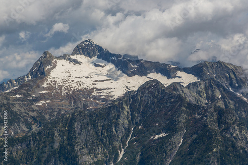 peaks of Monte Zucchero and Triangolino in Ticino mountains  dark clouds