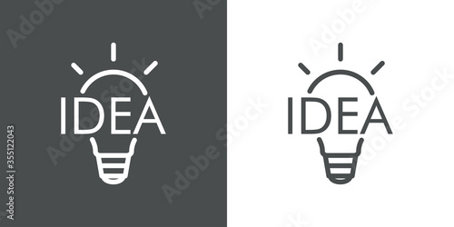 Icono plano lineal palabra IDEA en bombilla con rayos de luz en fondo gris y fondo blanco