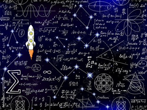 Scientific vector seamless background with handwritten mathematical and physical formulas, rocket, plots and figures