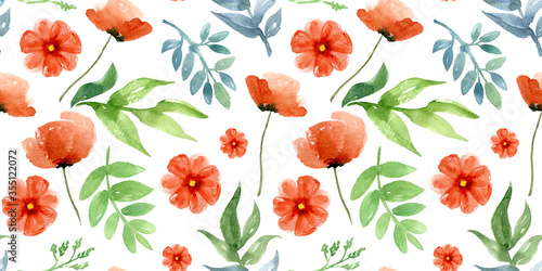Watercolor seamless pattern of poppy. Hand-drawn illustration isolated on the white background.