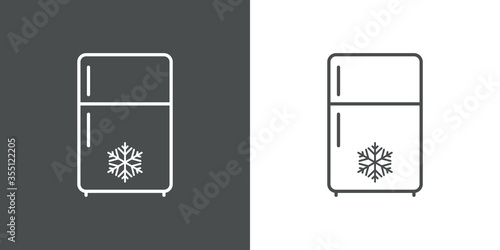 Icono plano lineal refrigerador con copo de nieve en la puerta en fondo gris y fondo blanco