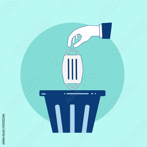 Throwing a dirty mask in the bin. Flat design with hand, mask and recycle bin icon
