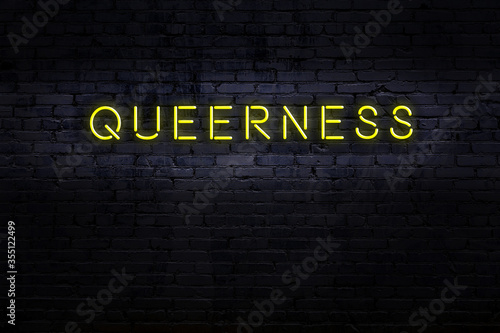 Фотография Night view of neon sign on brick wall with inscription queerness