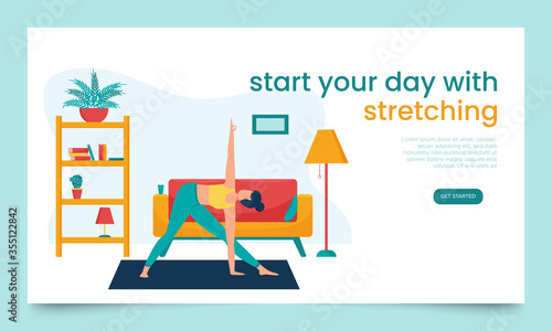 The girl does yoga in an apartment, in a home environment. Landing page template. The concept of yoga classes at home. The woman in a triangle position. Banner with a female cartoon character.Flat.