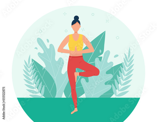 A girl does yoga in the Park. The concept of outdoor yoga. The practice of yoga in nature. Flat style. Girl in the mountain pose. A female cartoon character on a background of leaves and grass
