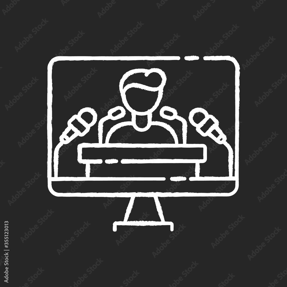 Press conference chalk white icon on black background. TV broadcasting of special announcement. Public presentation. Interview with corporate leader. Isolated vector chalkboard illustration Press conference chalk white icon on black background. TV broadcasting of special announcement. Public presentation. Interview with corporate leader. Isolated vector chalkboard illustration