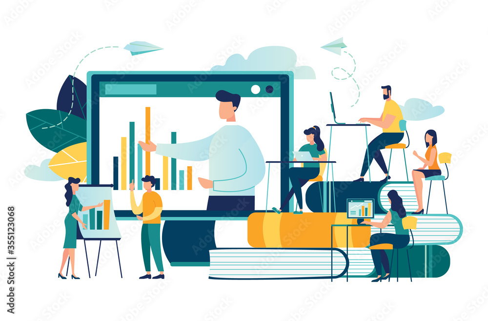 Vector flat illustration, online training courses for employees, training skills enhancement, people sit at a conference and look at the big screen, the analysis of infographics