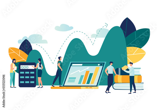 Vector flat illustration, business promotion, take-off on the career ladder, data analysis and investment infographics overview
