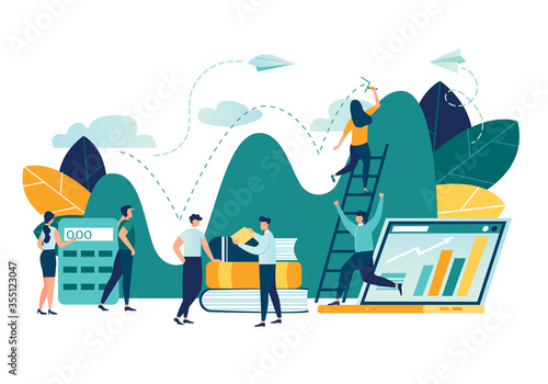 Vector flat illustration, business promotion, take-off on the career ladder, data analysis and investment infographics overview