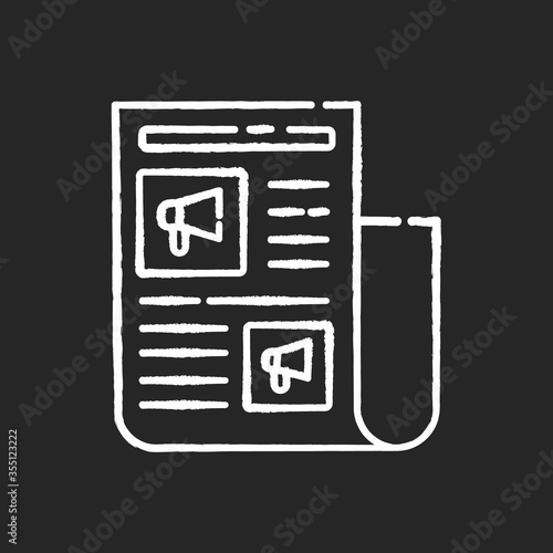 Advertorial chalk white icon on black background. Native advertisement in newspaper. News for engagement. Journalist article to promote brand. Editorial press. Isolated vector chalkboard illustration