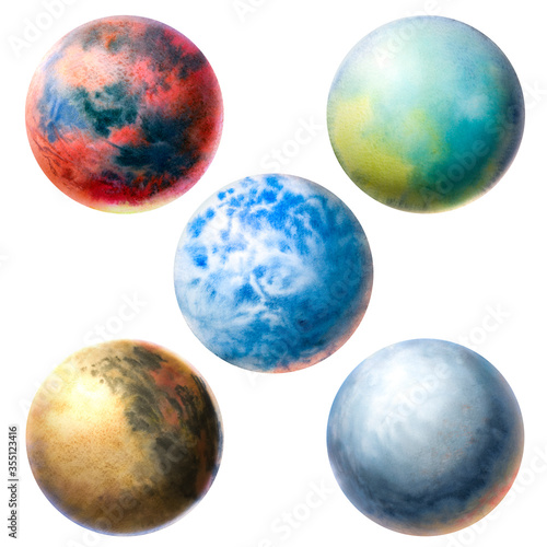 Planets painted in watercolor. Set of planets different in texture and color. Volumetric circles texture. planets for design and print.