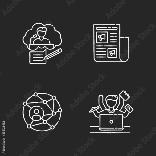 Publication chalk white icons set on black background. Speech writing. Promotion in newspaper. Global networking. Work efficiency and productivity. Isolated vector chalkboard illustrations