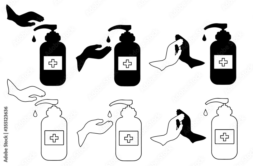 Set of black and white how to use hand sanitizers. Alcohol rub sanitizers kill most bacteria, fungi and stop some viruses such as coronavirus Set of black and white how to use hand sanitizers. Alcohol rub sanitizers kill most bacteria, fungi and stop some viruses such as coronavirus