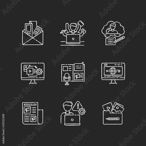 Blogging chalk white icons set on black background. Newsletter and brochure. Multi tasking employee. Speech writing for conference. Content management. Isolated vector chalkboard illustrations