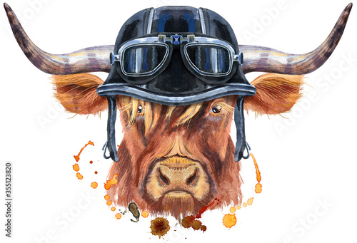 Watercolor illustration of a brown long-horned bull in a biker helmet with glasses
