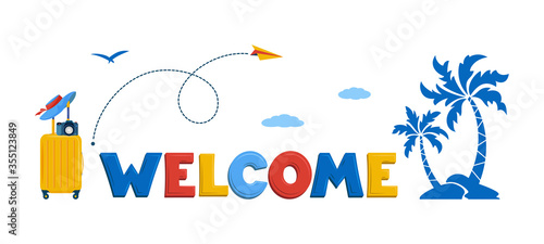 Vacation and travel concept. Welcome banner with palm trees, suitcase and airplane route. Flat style vector illustration. For travel page, holiday trip planning, travel destination, tour organization