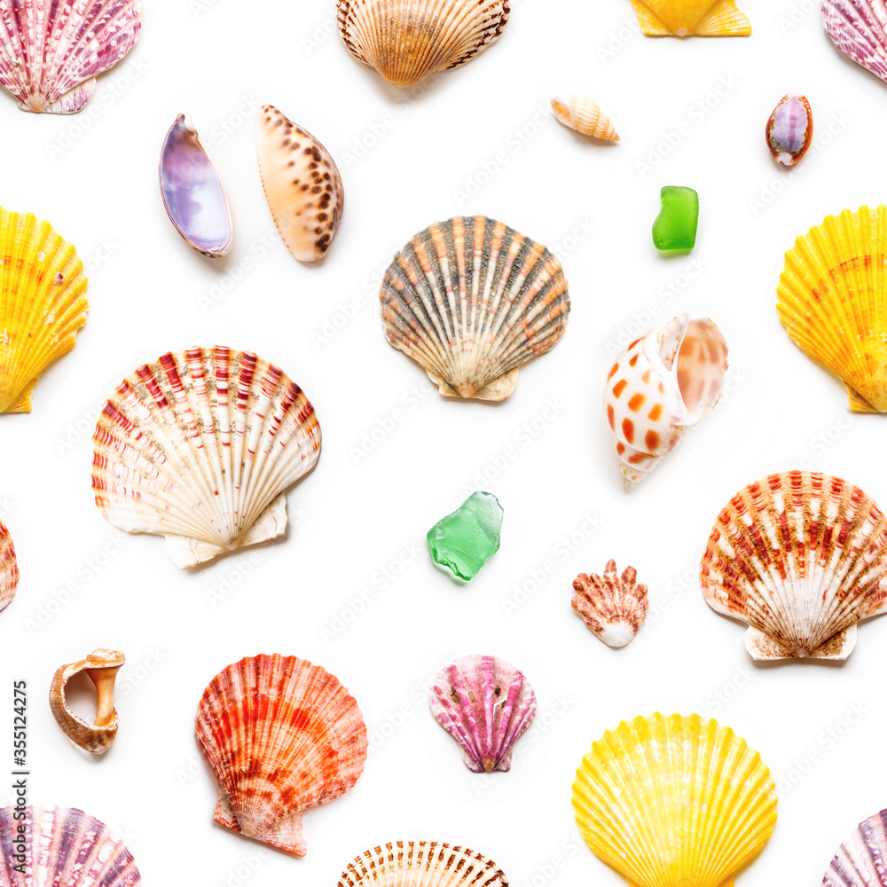 Seamless photo pattern with different sea shells. Flat lay with colorful mollusc shells, corals and wave-worn pieces of glass and stones. Top view on finds from ocean beach. Seamless photo pattern with different sea shells. Flat lay with colorful mollusc shells, corals and wave-worn pieces of glass and stones. Top view on finds from ocean beach.