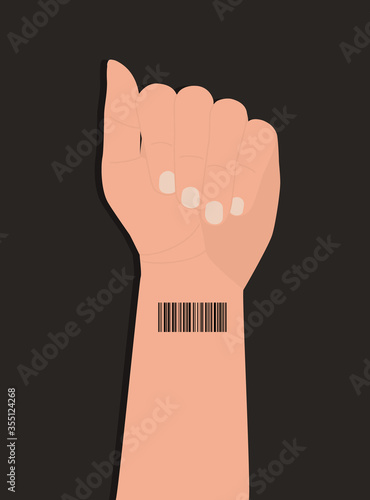 Barcode on the wrist of a human hand. The concept of genetic digital identification of people. ID card, bar code on the hand. Vector cartoon flat illustration. Isolated on a black background.