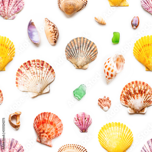 Seamless photo pattern with different sea shells. Flat lay with colorful mollusc shells, corals and wave-worn pieces of glass and stones. Top view on finds from ocean beach.