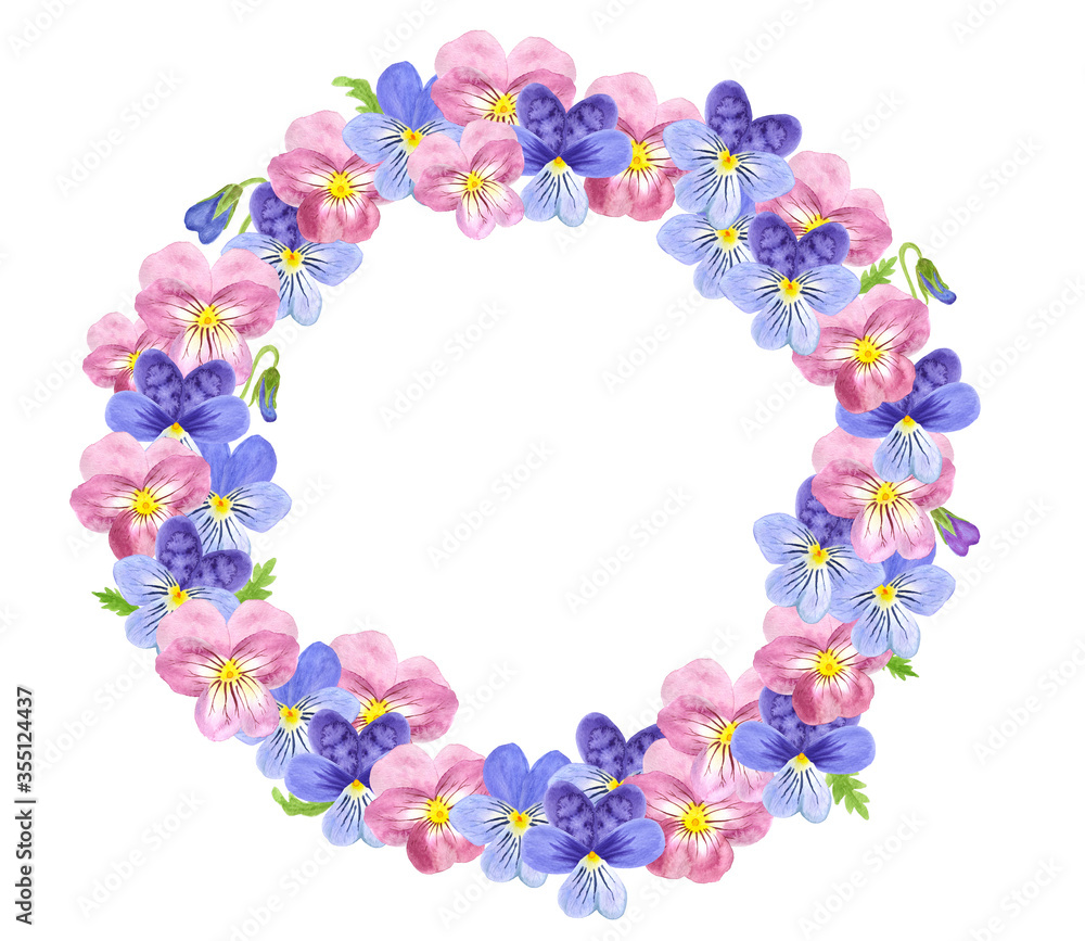 Delicate wreath of viola flowers for a wedding frame. Floral watercolor on a white background. Blooming poster for the interior